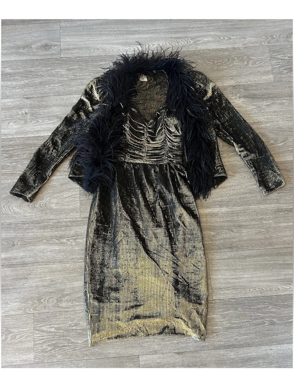 Vintage Fredericks Hollywood Gold Lame Dress & Boa Feather Jacket Set 7/8 90s